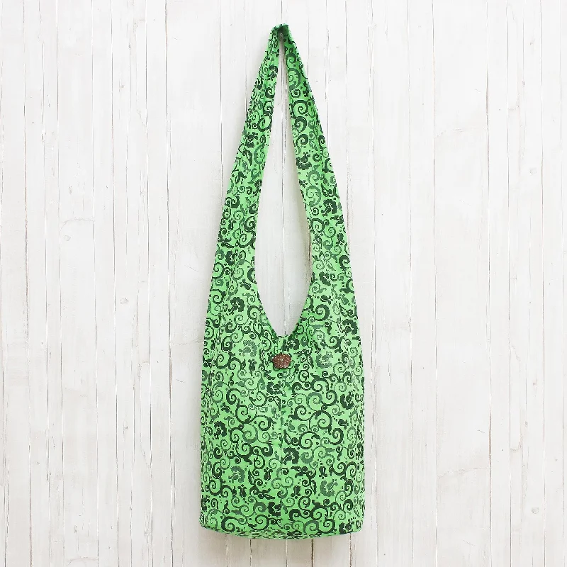 Spring Green Floral and Vine Motif 100% Cotton Shoulder Bag - Pretty Tendrils