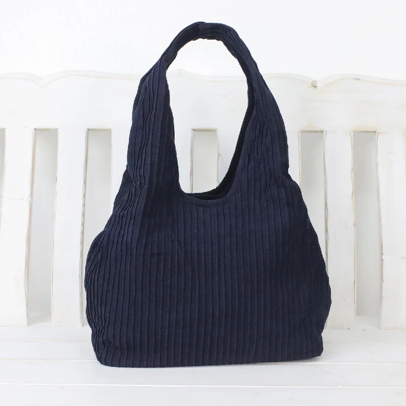 Textured Cotton Shoulder Bag in Midnight from Thailand - Thai Texture in Midnight