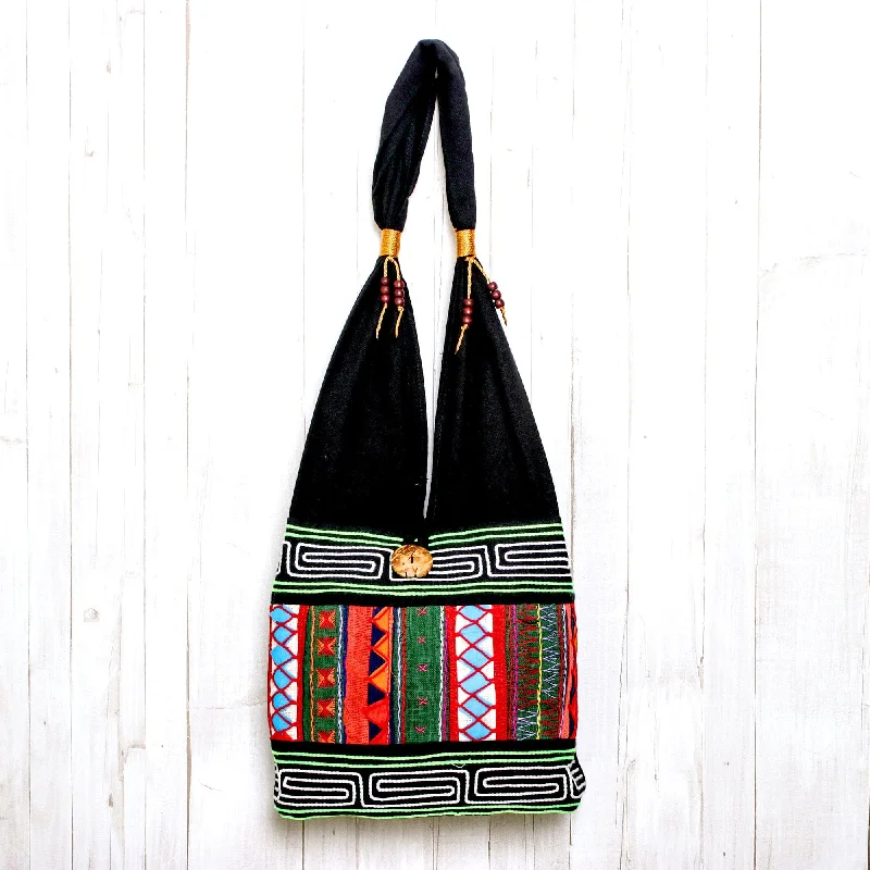 Thai Multicolored Cotton Shoulder Bag with Geometric Motif - Ardent Thai