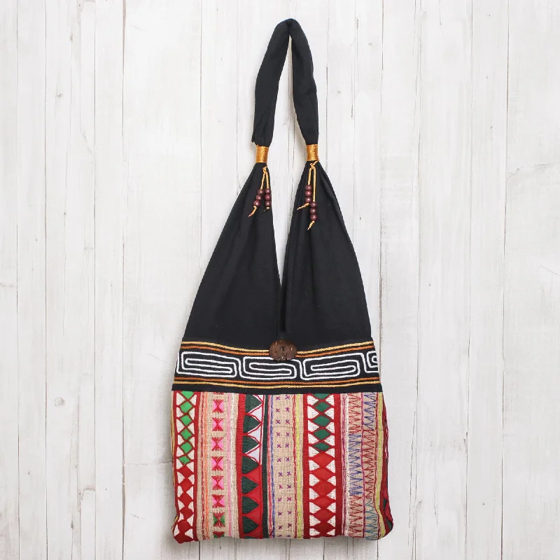 Thai Multicolored Cotton Shoulder Bag with Geometric Motif - Thai Wanderer