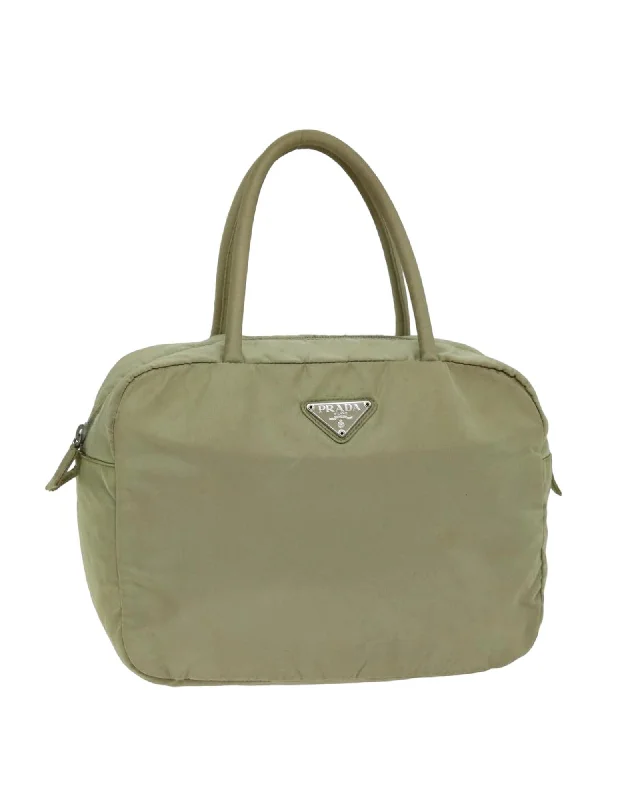 Beige Nylon Hand Bag with Handle and Metal Fittings