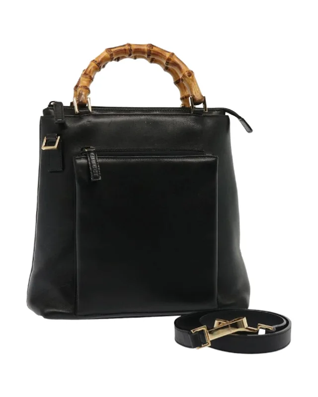 Black Leather Bamboo Hand Bag with Shoulder Strap - Italian Made (SKU 76118)