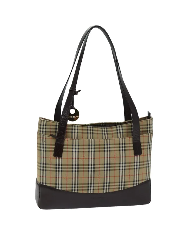 Authentic Beige Canvas Tote Bag with Burberrys Iconic Check Pattern