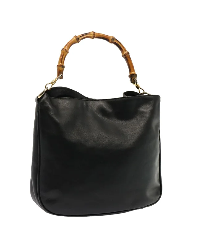 Black Leather Hand Bag with Bamboo Accents