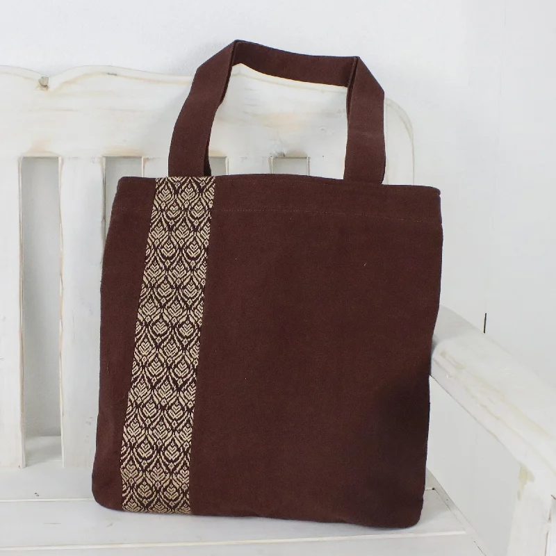 Tote Bag in Brown Cotton with Cream Embroidery - Chiang Mai Blossom