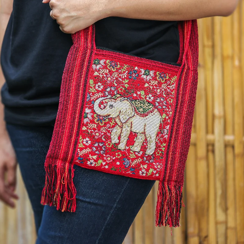 Traditional Elephant-Themed Floral Red Sling with Fringes - 'Elephant's Delight