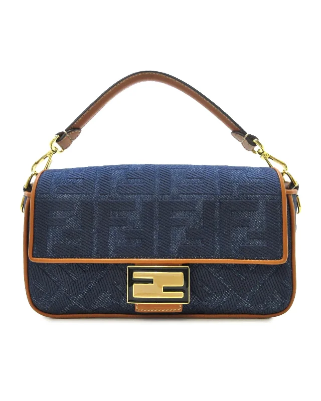 Embroidered Denim Baguette Satchel with Leather Trim