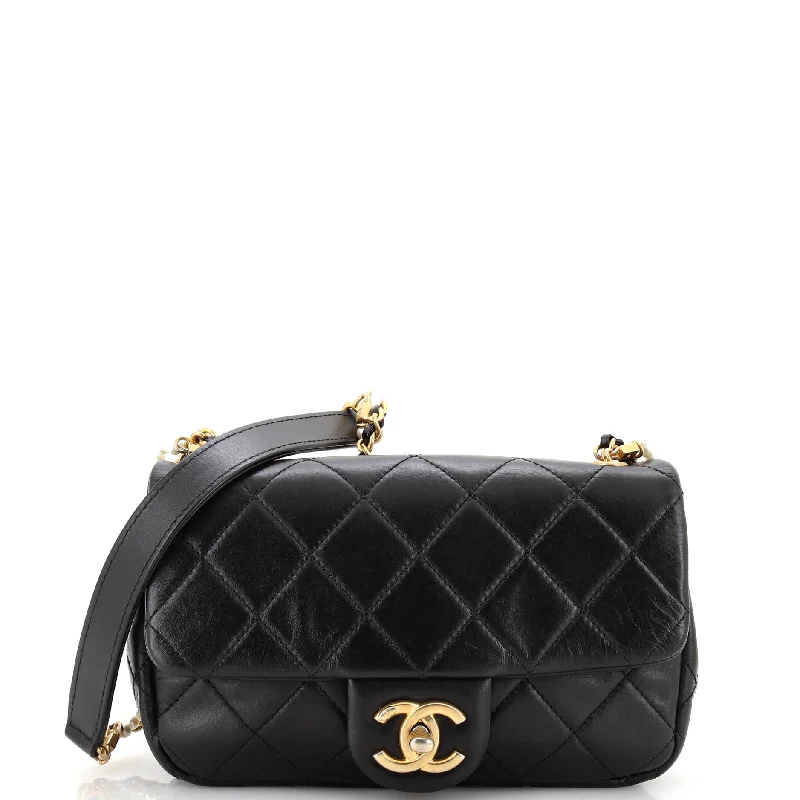 Crystal Pearls Chain Flap Bag Quilted Calfskin Small