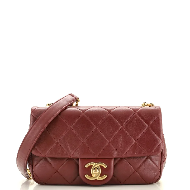 Crystal Pearls Chain Flap Bag Quilted Calfskin Small